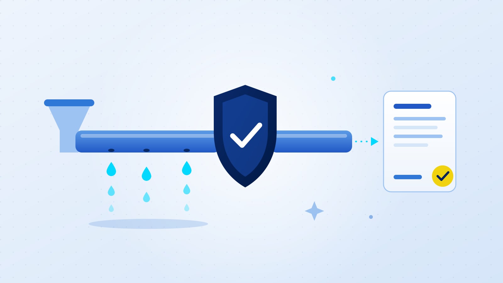 Illustration of a pipe leaking droplets on the left, sealed by a shield in the middle, flowing cleanly into a purchase order card with a gold tick