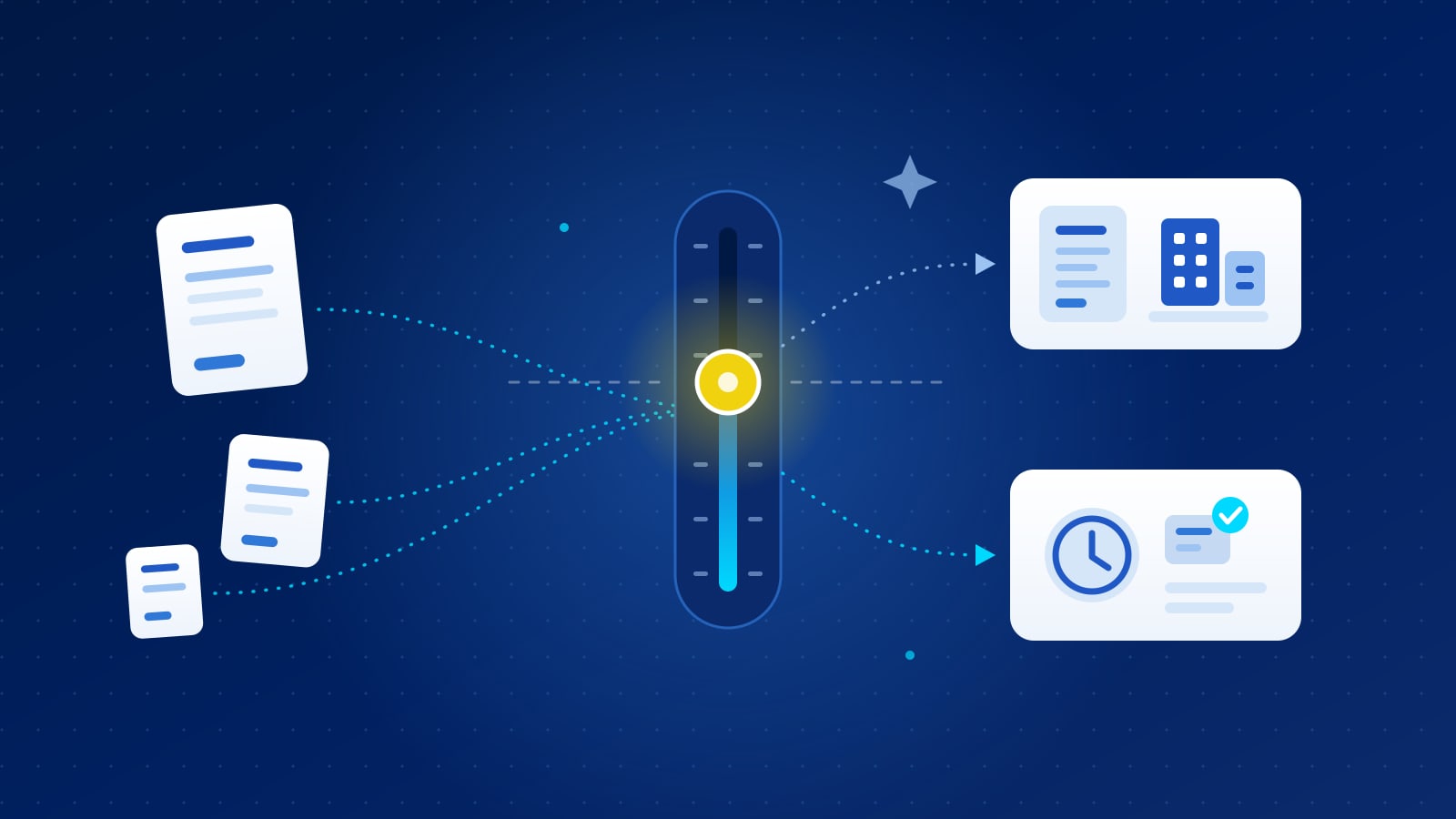 Illustration of purchase order documents flowing into a vertical slider with a gold handle that splits them between a full sourcing route and a fast route