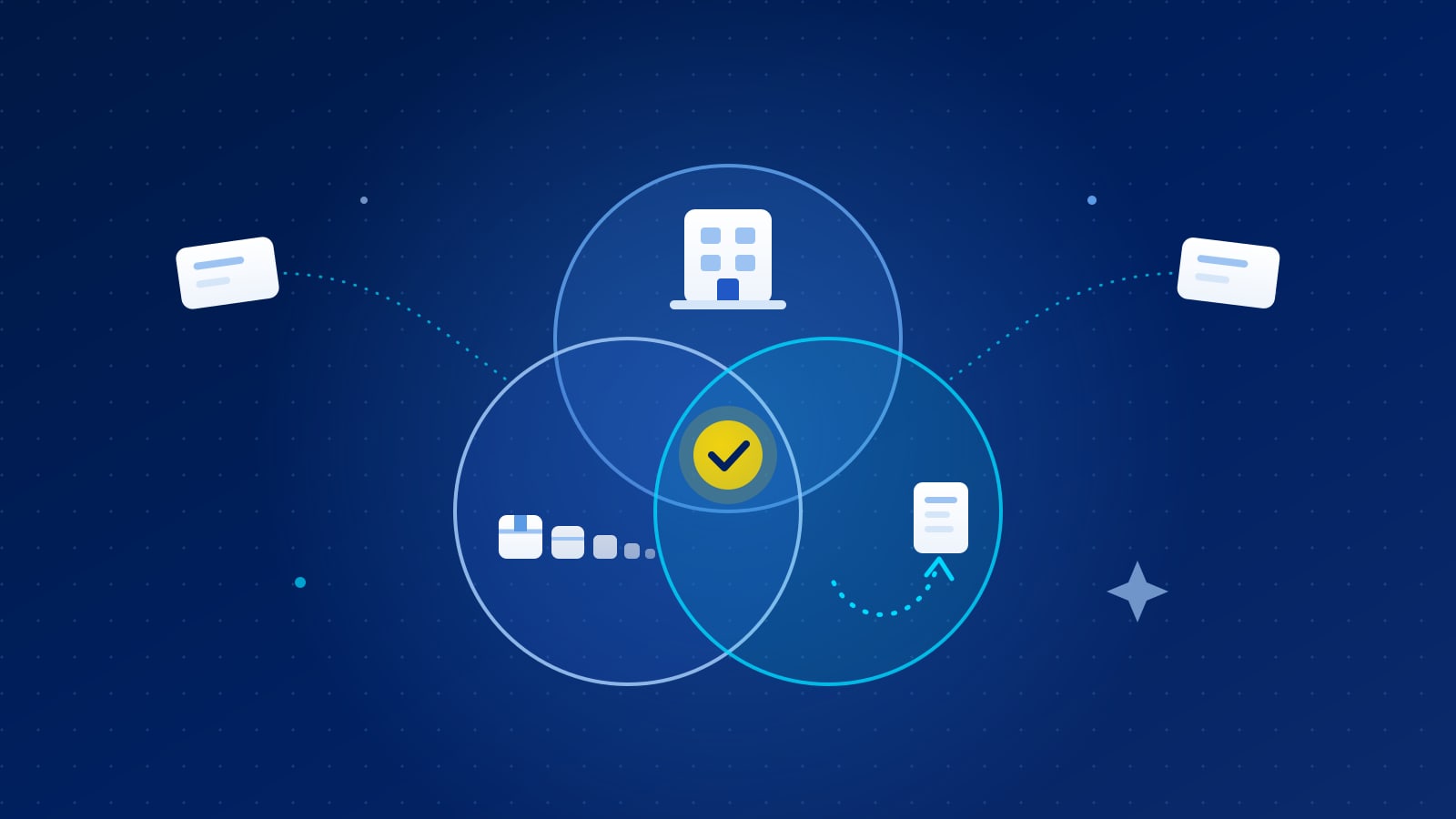 Illustration of three overlapping circles holding purchase icons on a dark blue background, with a gold marker where all three meet