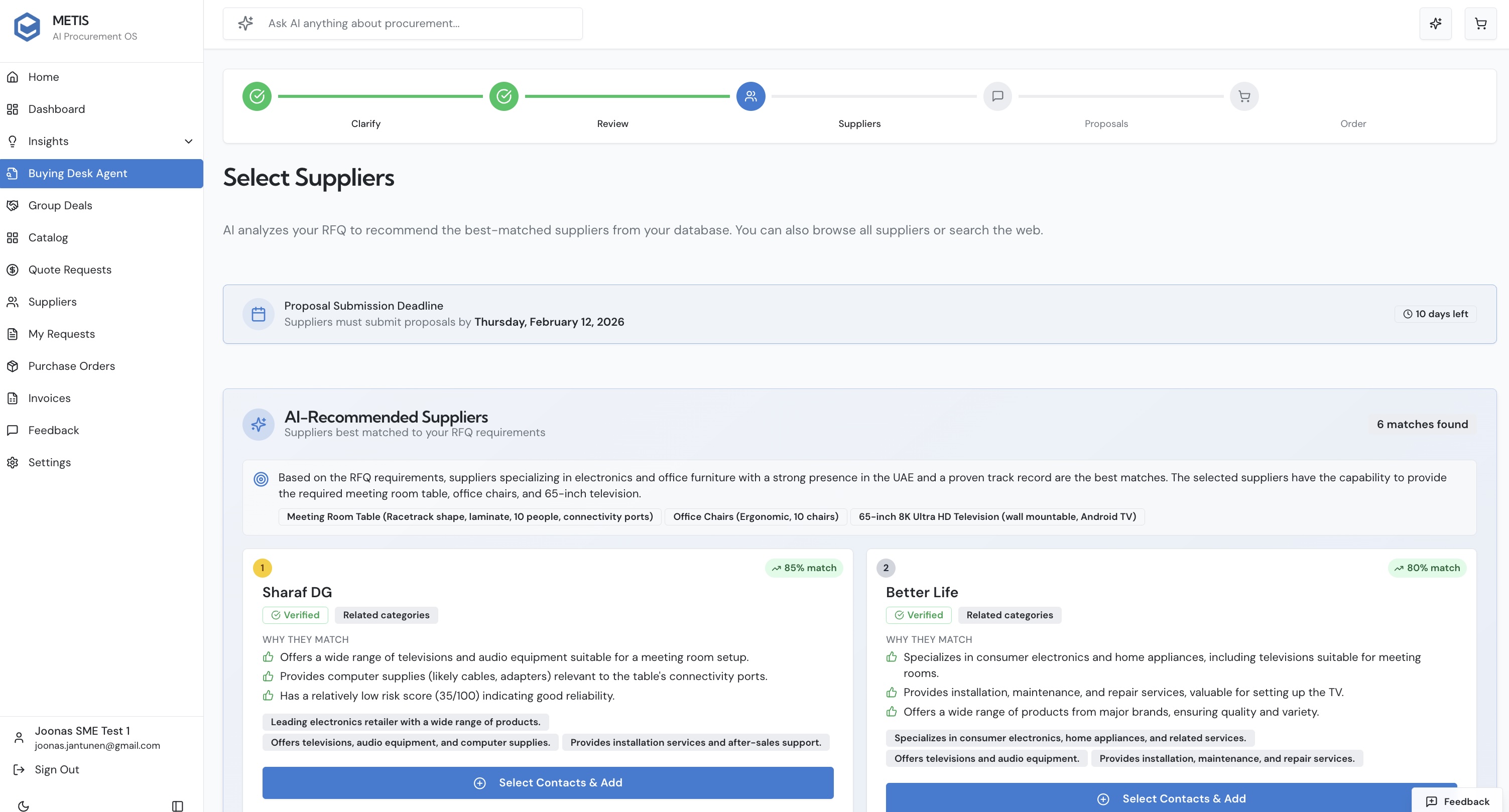 Intelligent Supplier Matching
AI analyzes your RFQ requirements and recommends best-matched suppliers with confidence scores, capability assessments, and risk ratings.